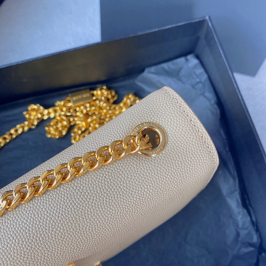 YSL KATE SMALL IN GRAIN DE POUDRE EMBOSSED LEATHER LIGHT YELLOW GOLD 7.8 X 4.9 X 1.9 INCHES