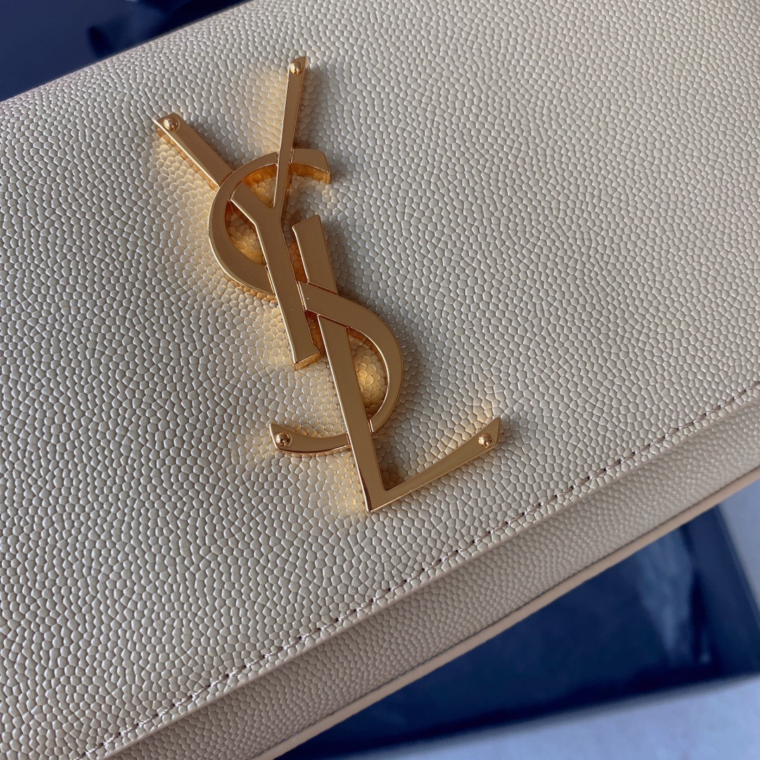 YSL KATE SMALL IN GRAIN DE POUDRE EMBOSSED LEATHER LIGHT YELLOW GOLD 7.8 X 4.9 X 1.9 INCHES