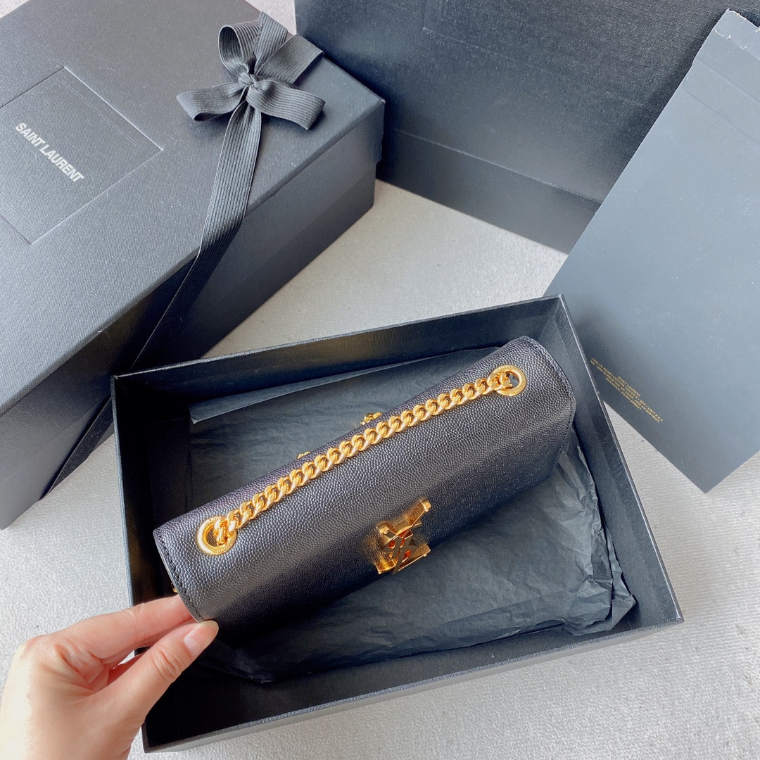 YSL KATE SMALL IN GRAIN DE POUDRE EMBOSSED LEATHER NAVY GOLD 7.8 X 4.9 X 1.9 INCHES