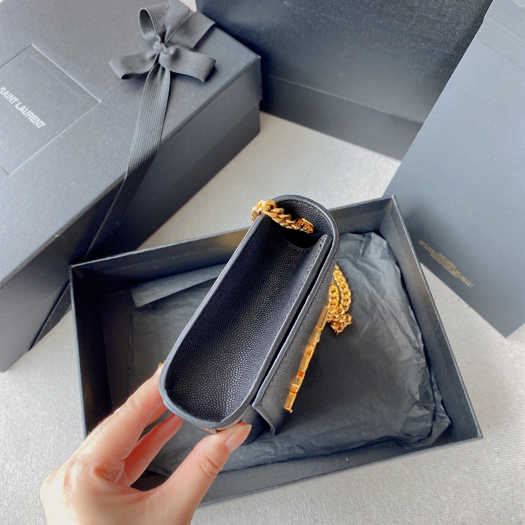 YSL KATE SMALL IN GRAIN DE POUDRE EMBOSSED LEATHER NAVY GOLD 7.8 X 4.9 X 1.9 INCHES