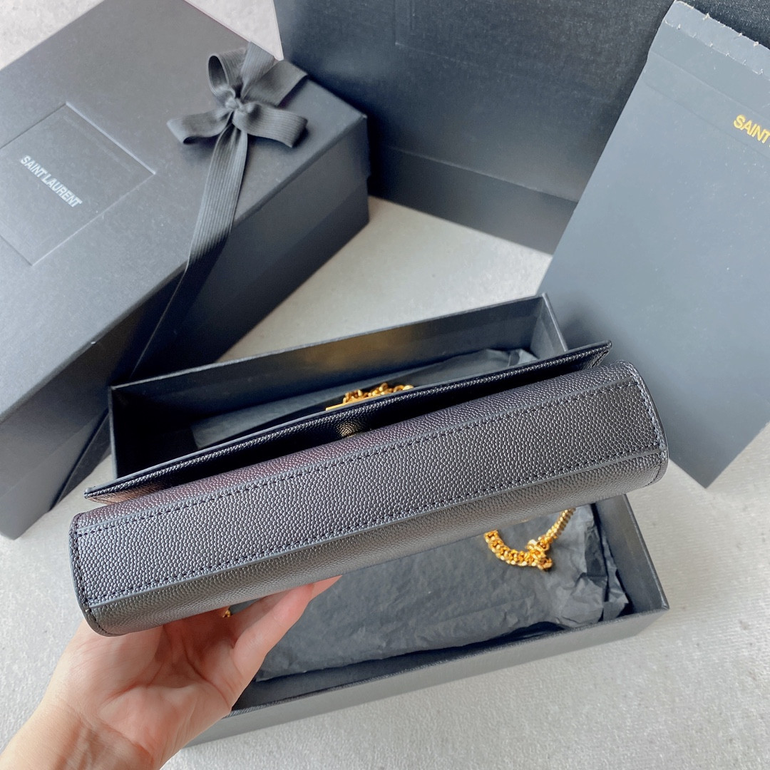 YSL KATE SMALL IN GRAIN DE POUDRE EMBOSSED LEATHER NAVY GOLD 7.8 X 4.9 X 1.9 INCHES