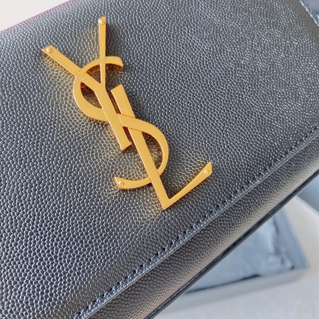 YSL KATE SMALL IN GRAIN DE POUDRE EMBOSSED LEATHER NAVY GOLD 7.8 X 4.9 X 1.9 INCHES