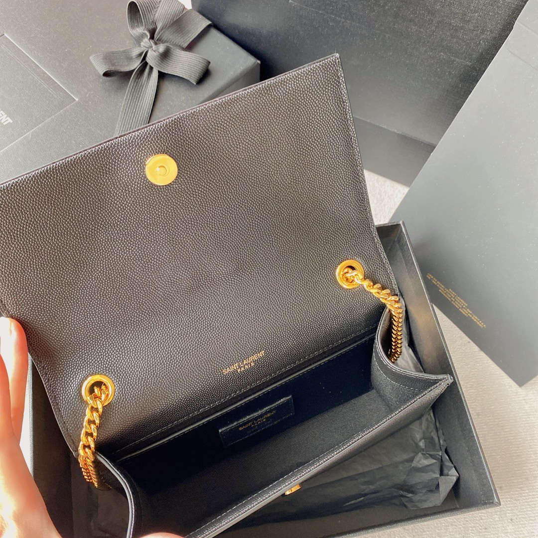 YSL KATE SMALL IN GRAIN DE POUDRE EMBOSSED LEATHER NAVY GOLD 7.8 X 4.9 X 1.9 INCHES