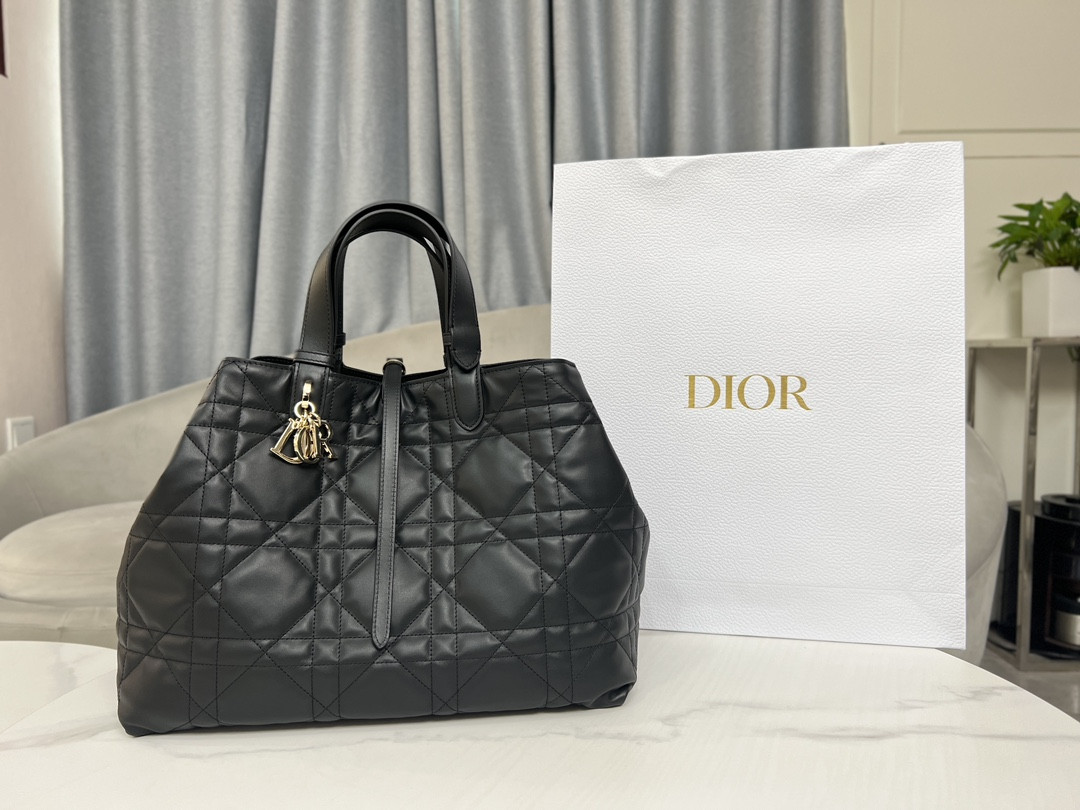 Large Dior Toujours Bag Black Macrocannage Calfskin 14.5 x 10.5 x 8.5 inches