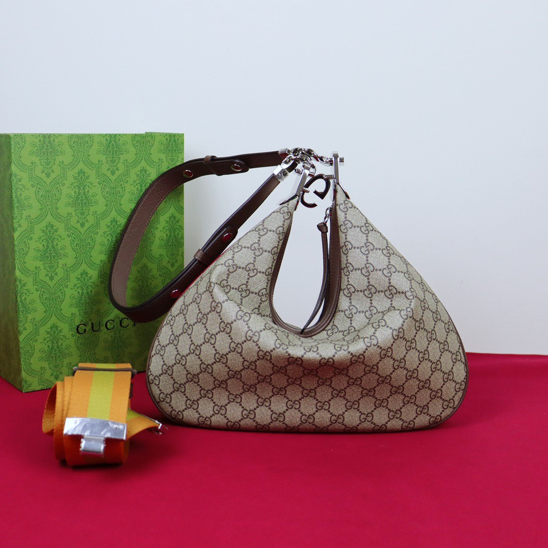 GUCCI ATTACHE MEDIUM SHOULDER BAG Beige and blue 13.8″W x 12.6″H x 2.4″D