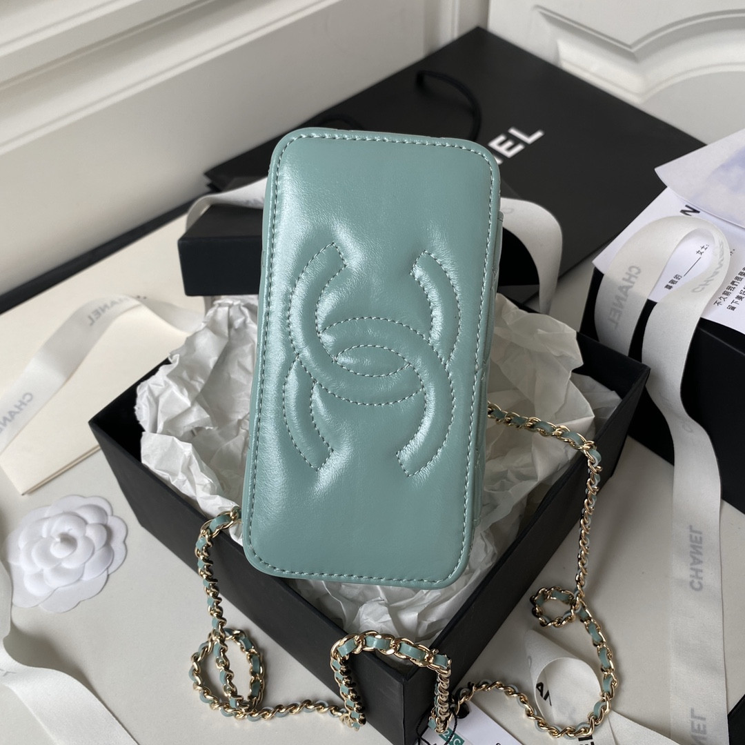 CHANEL 24P CHAIN LEATHER SQUARE BOX SHOULDER BAG BLUE 16x10x8cm