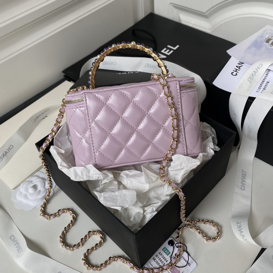 CHANEL 24P CHAIN LEATHER SQUARE BOX SHOULDER BAG PURPLE 16x10x8cm