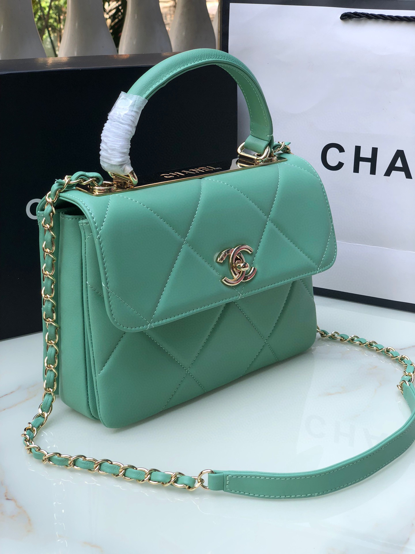 CHANEL FLAP BAG WITH TOP HANDLE BLUE 6.6 × 9.8 × 4.7 in