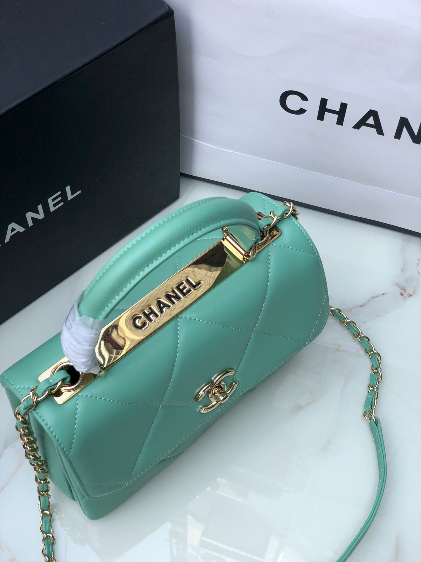 CHANEL FLAP BAG WITH TOP HANDLE BLUE 6.6 × 9.8 × 4.7 in