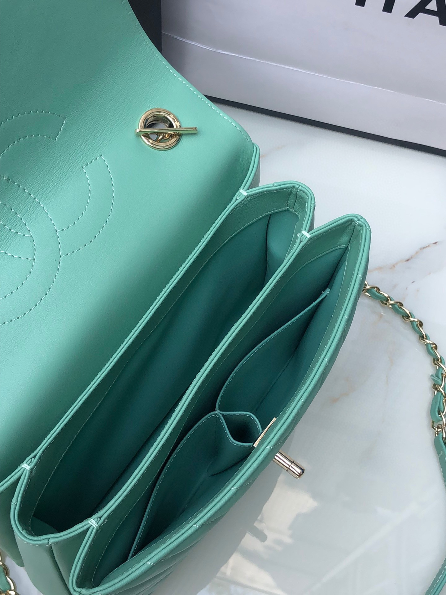 CHANEL FLAP BAG WITH TOP HANDLE BLUE 6.6 × 9.8 × 4.7 in