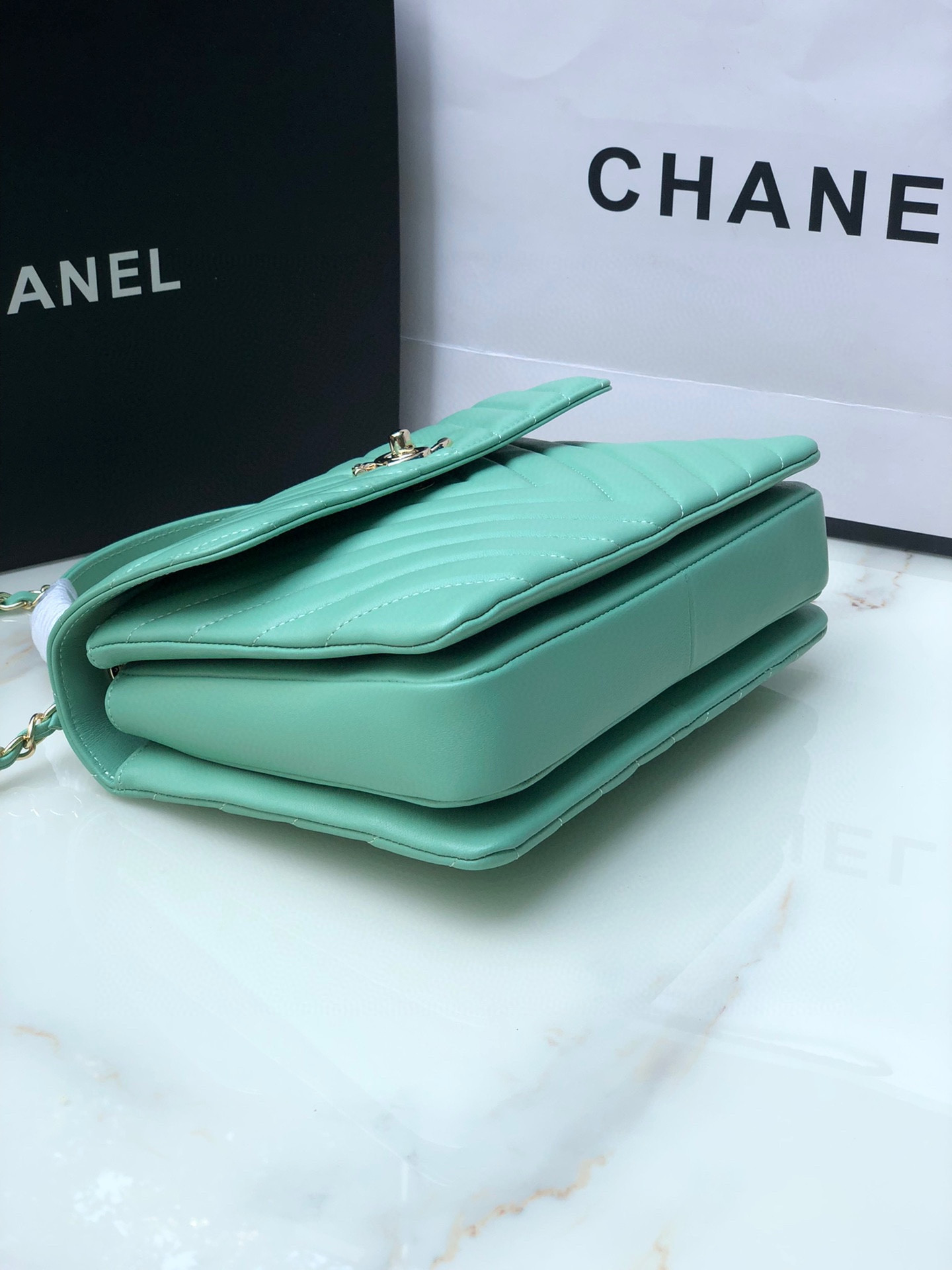 CHANEL FLAP BAG WITH TOP HANDLE BLUE SILVER 6.6 × 9.8 × 4.7 in