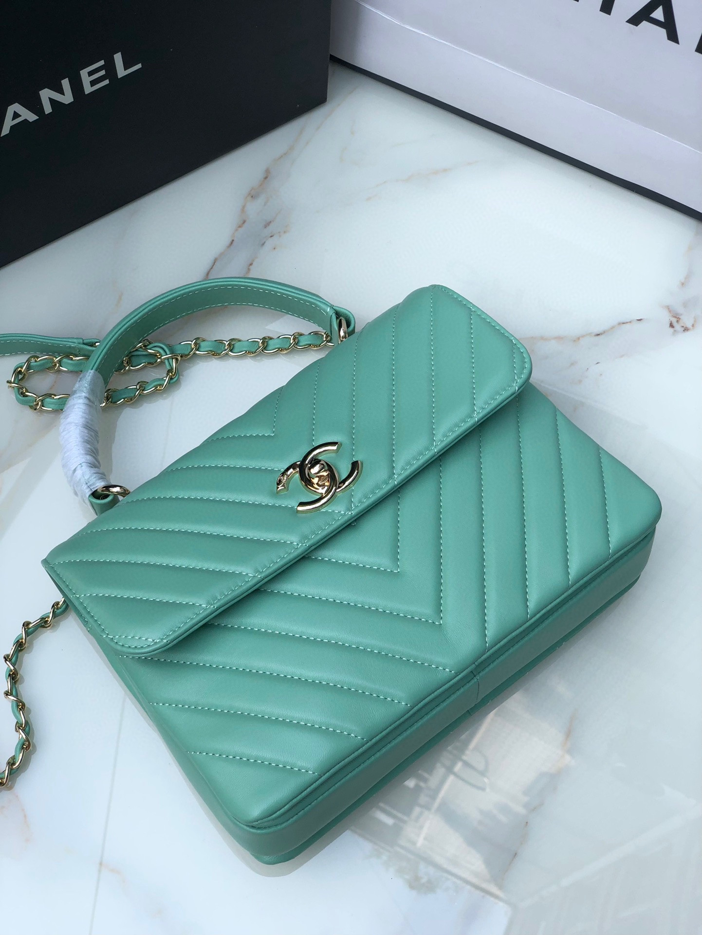 CHANEL FLAP BAG WITH TOP HANDLE BLUE SILVER 6.6 × 9.8 × 4.7 in