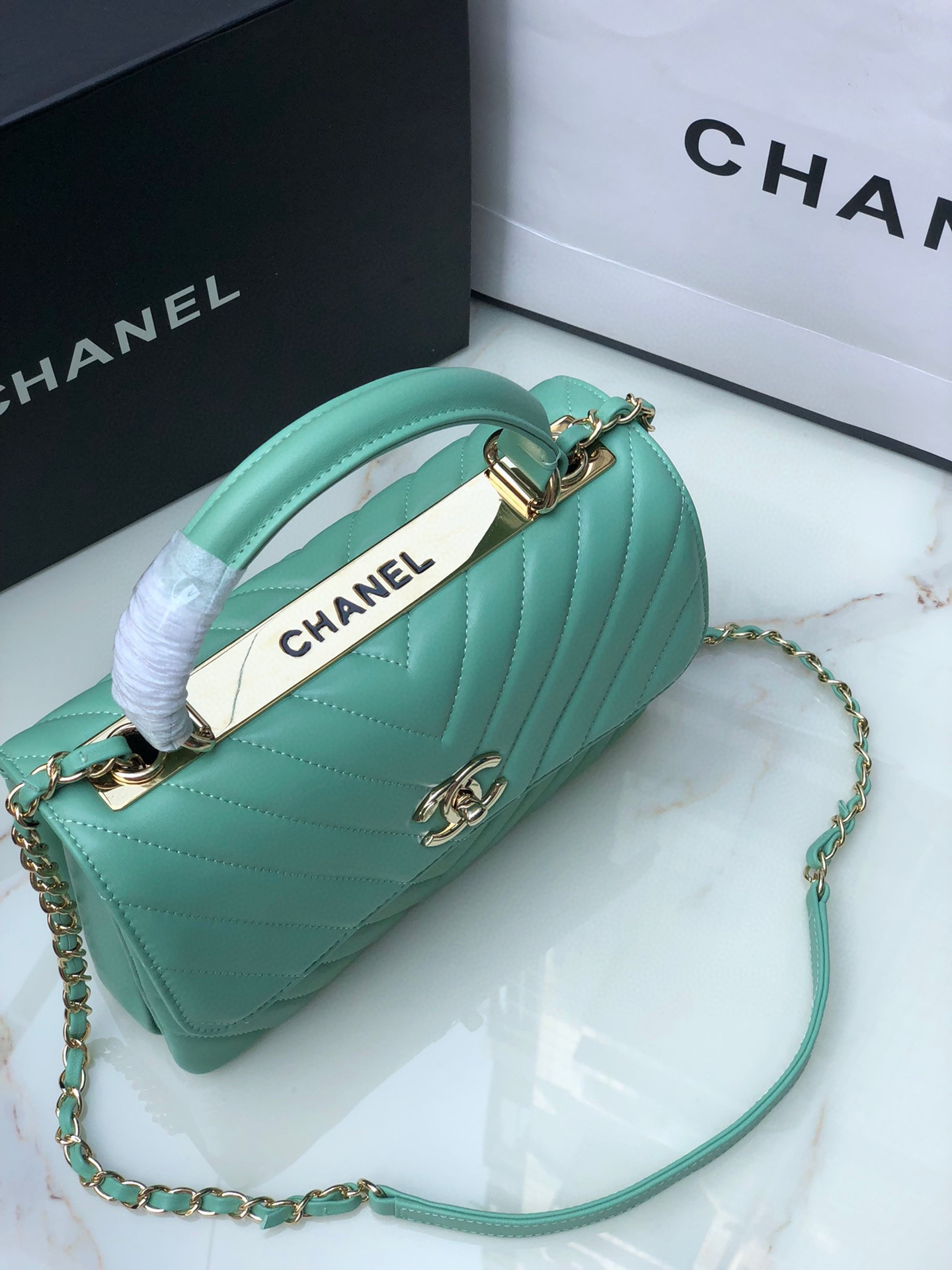 CHANEL FLAP BAG WITH TOP HANDLE BLUE SILVER 6.6 × 9.8 × 4.7 in