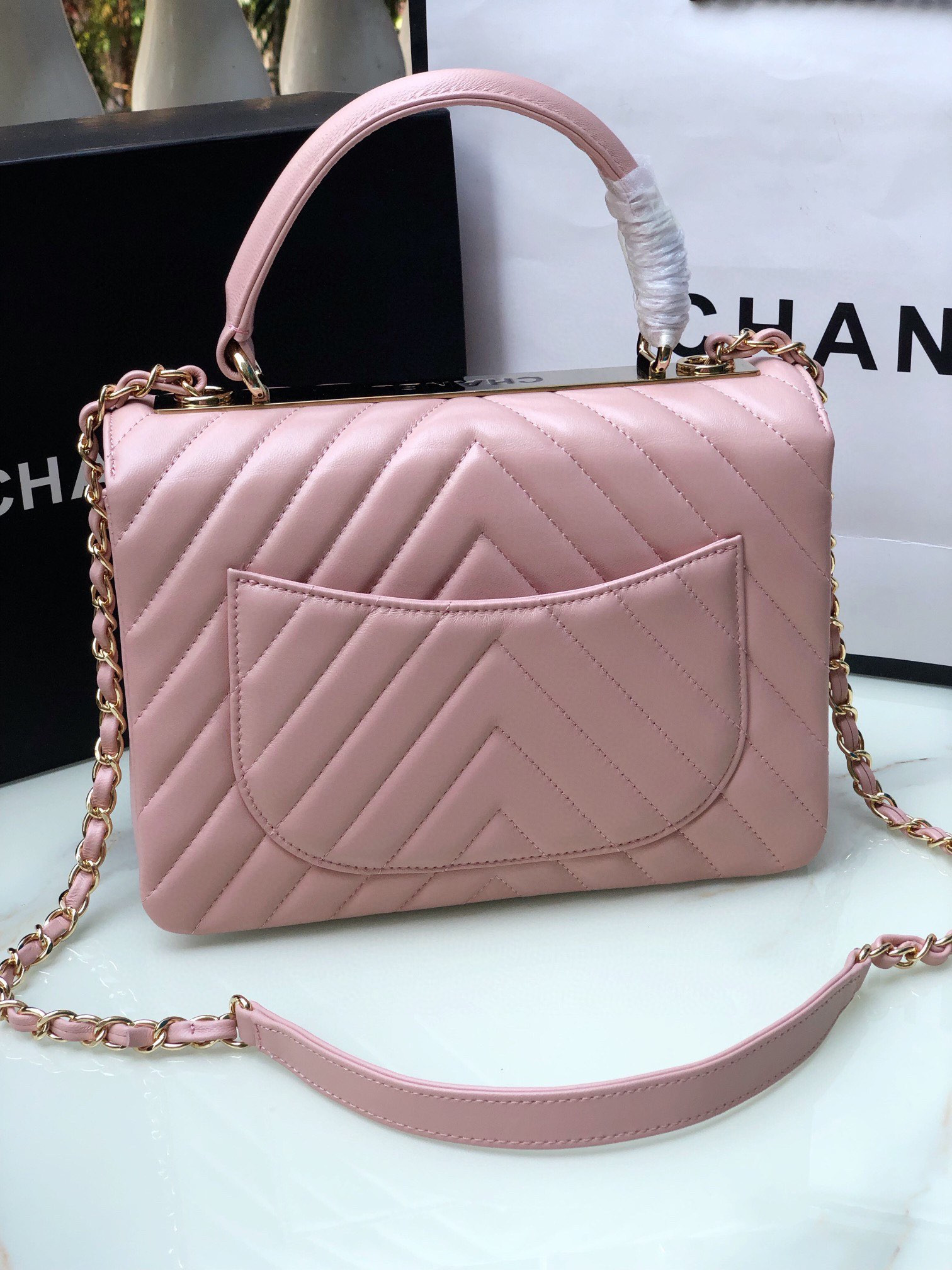 CHANEL FLAP BAG WITH TOP HANDLE PINK 6.6 × 9.8 × 4.7 in
