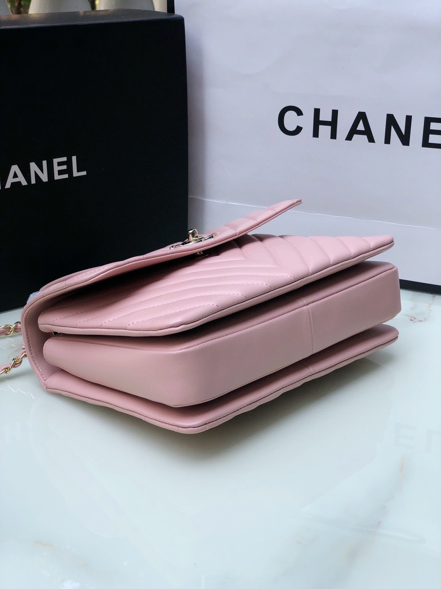 CHANEL FLAP BAG WITH TOP HANDLE PINK 6.6 × 9.8 × 4.7 in