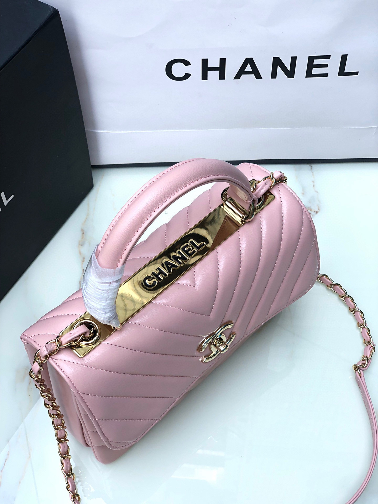 CHANEL FLAP BAG WITH TOP HANDLE PINK 6.6 × 9.8 × 4.7 in