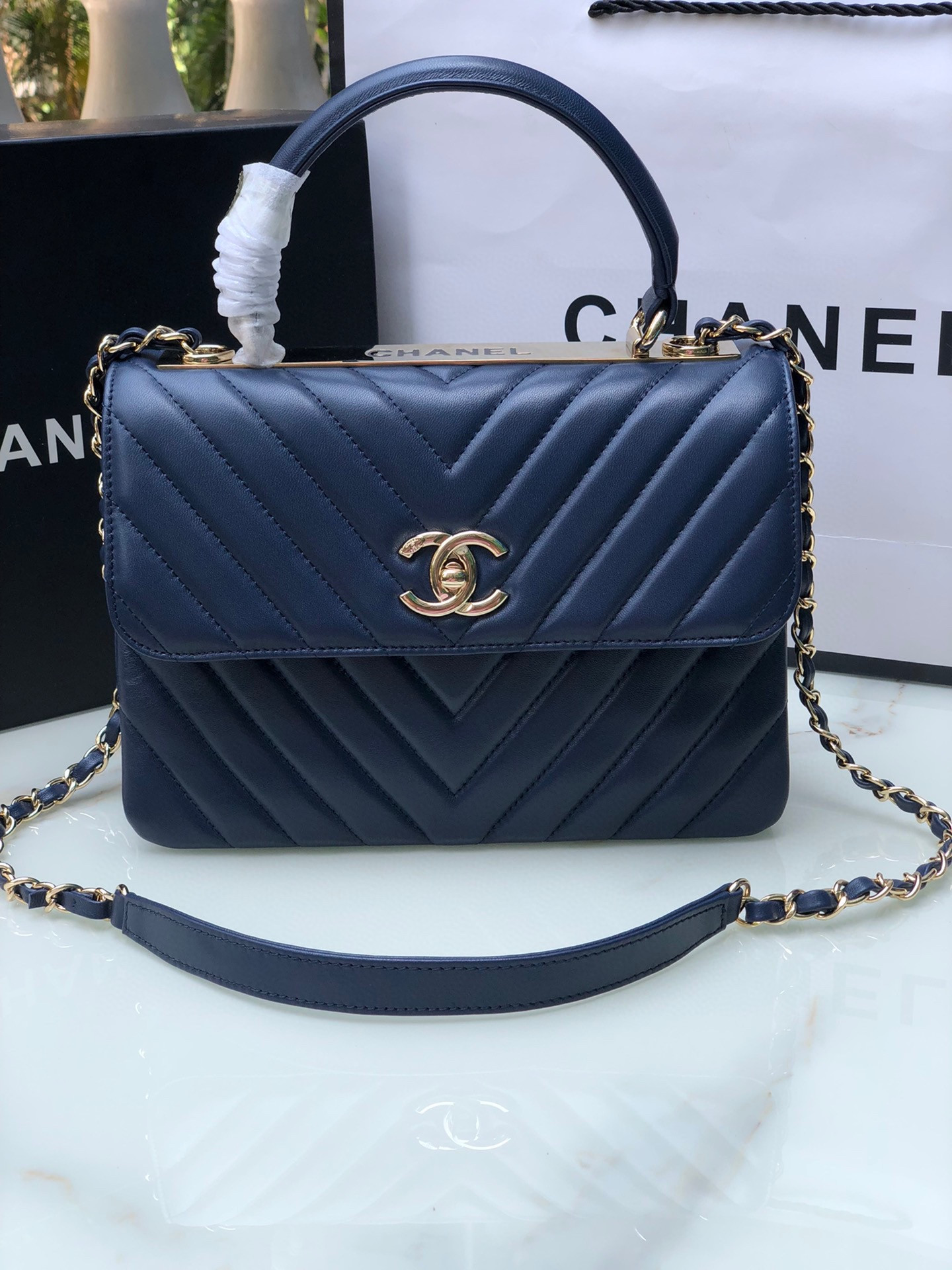 CHANEL FLAP BAG WITH TOP HANDLE NAVY 6.6 × 9.8 × 4.7 in