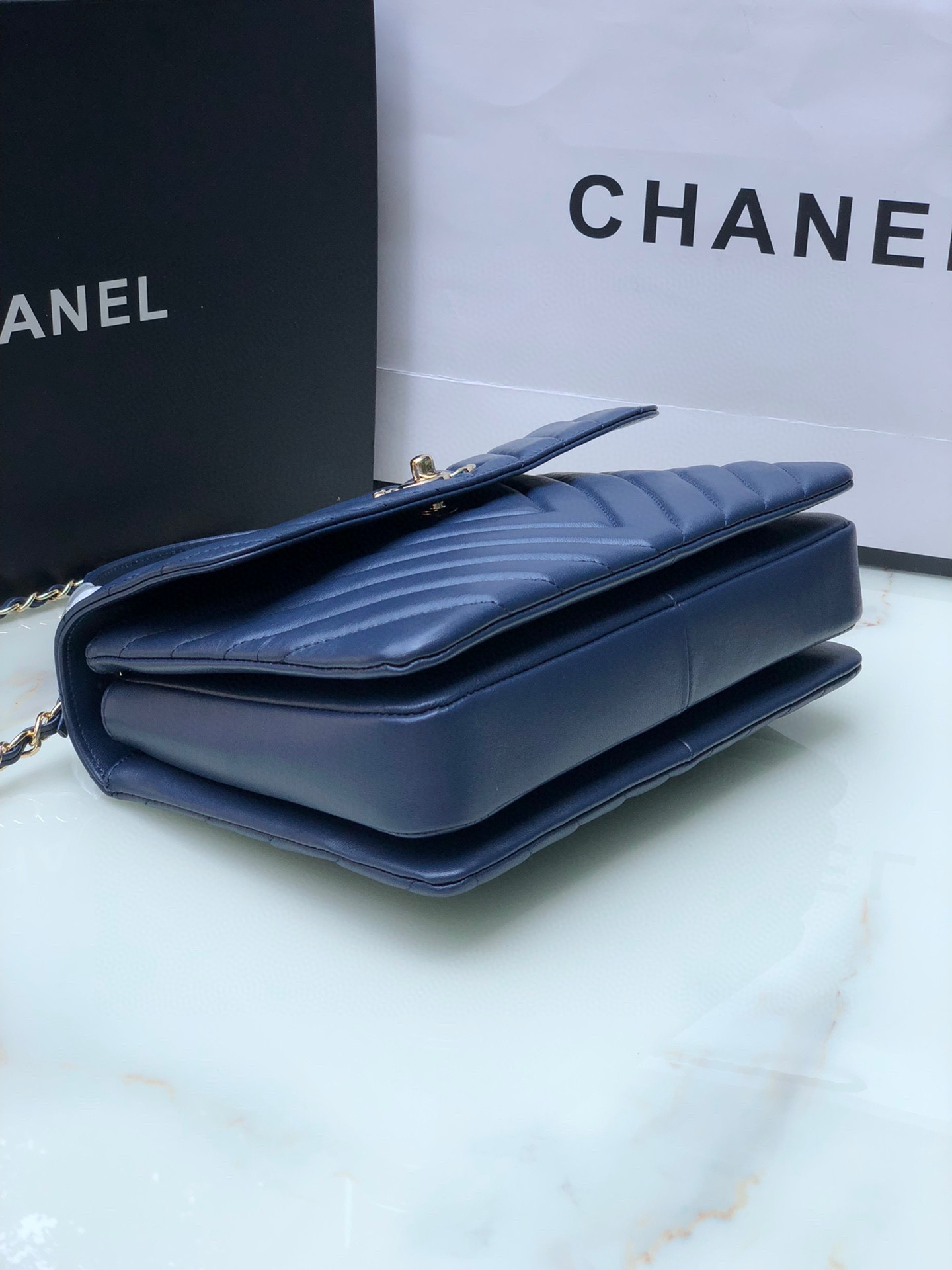 CHANEL FLAP BAG WITH TOP HANDLE NAVY 6.6 × 9.8 × 4.7 in
