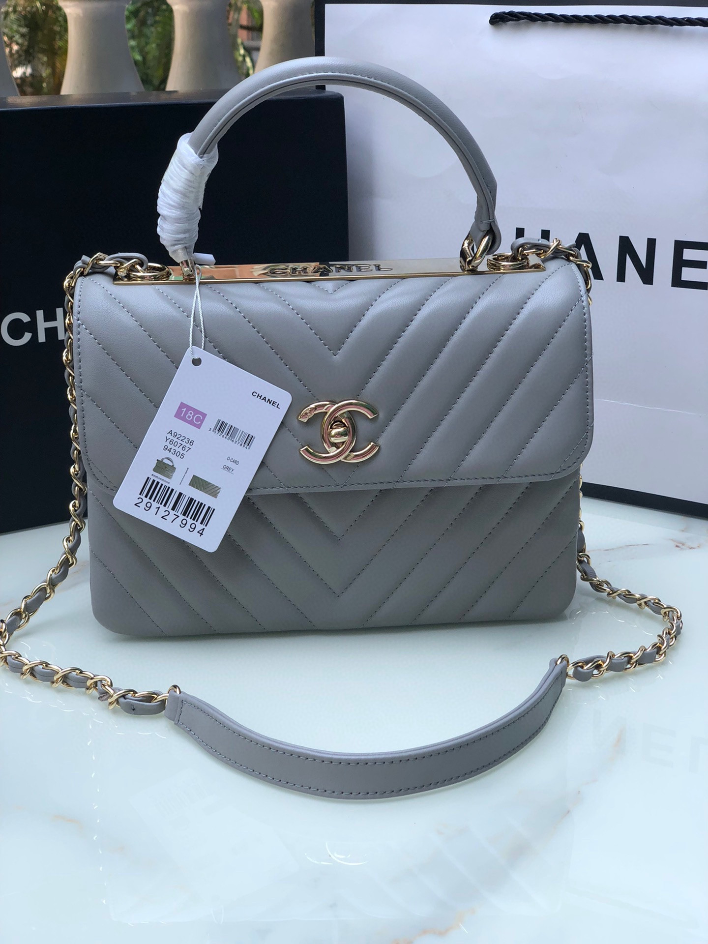 CHANEL FLAP BAG WITH TOP HANDLE GRAY 6.6 × 9.8 × 4.7 in