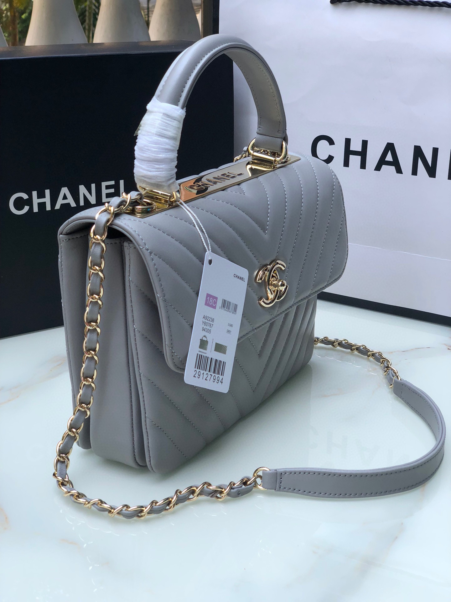 CHANEL FLAP BAG WITH TOP HANDLE GRAY 6.6 × 9.8 × 4.7 in