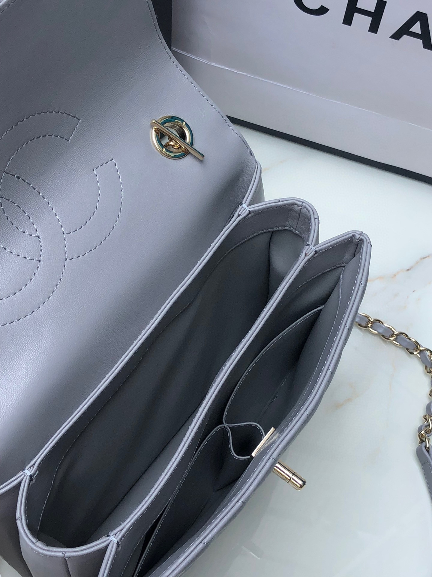 CHANEL FLAP BAG WITH TOP HANDLE GRAY 6.6 × 9.8 × 4.7 in