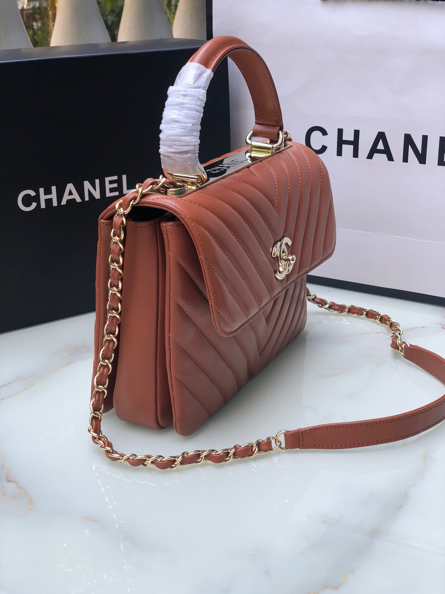 CHANEL FLAP BAG WITH TOP HANDLE ORANGE 6.6 × 9.8 × 4.7 in
