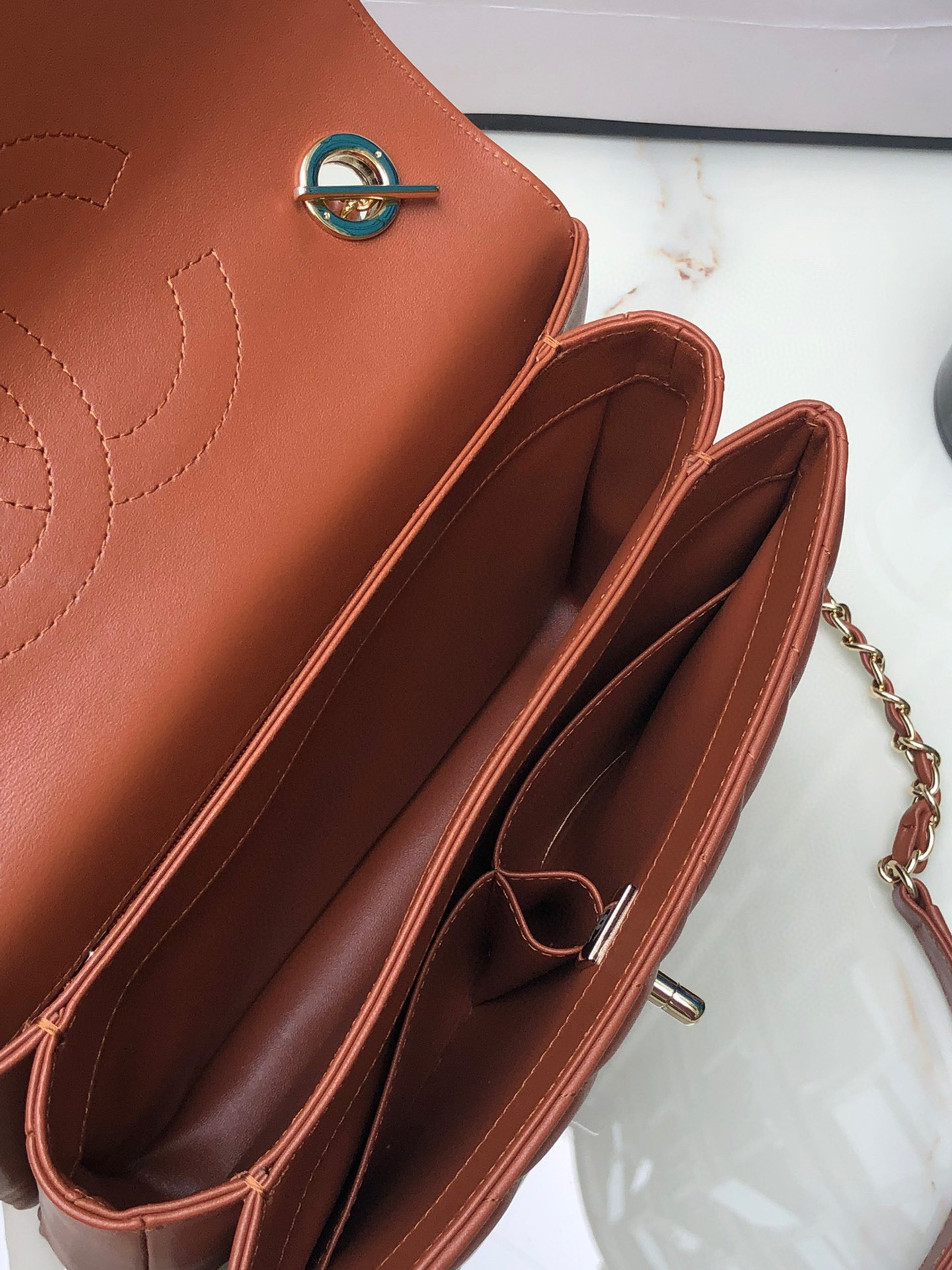 CHANEL FLAP BAG WITH TOP HANDLE ORANGE 6.6 × 9.8 × 4.7 in