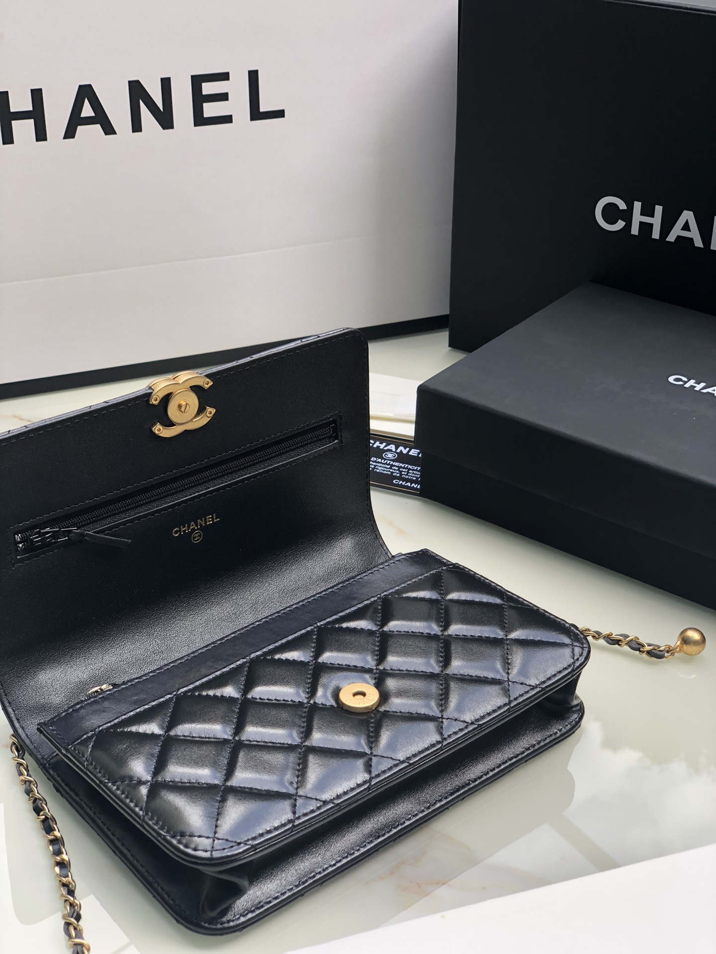 CHANEL CLASSIC WALLET ON CHAIN Black 4.8 × 7.5 × 1.4 in