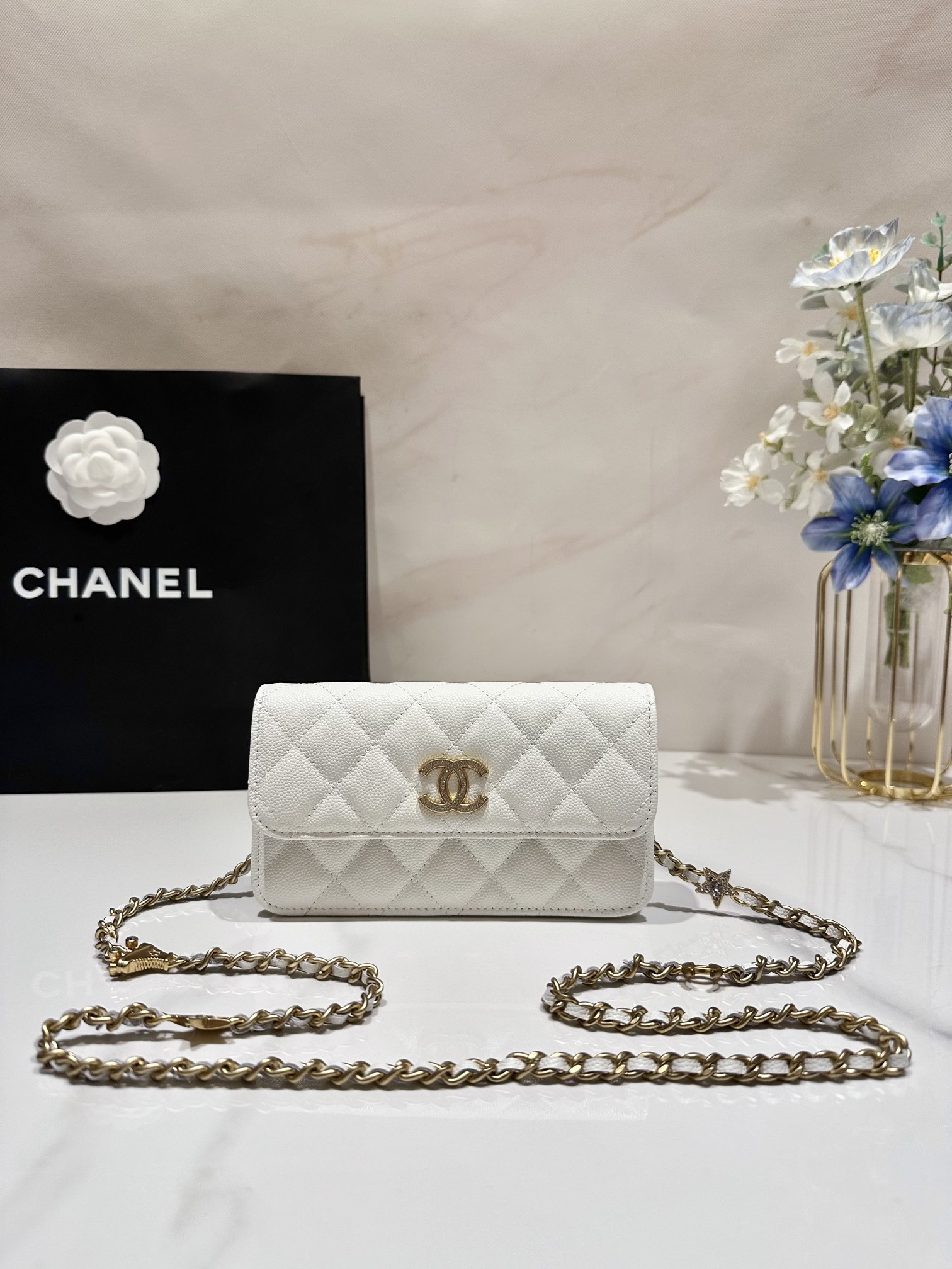 CHANEL CLASSIC WALLET ON CHAIN MINI WHITE 6.7 x 3.9 x 1.6 in