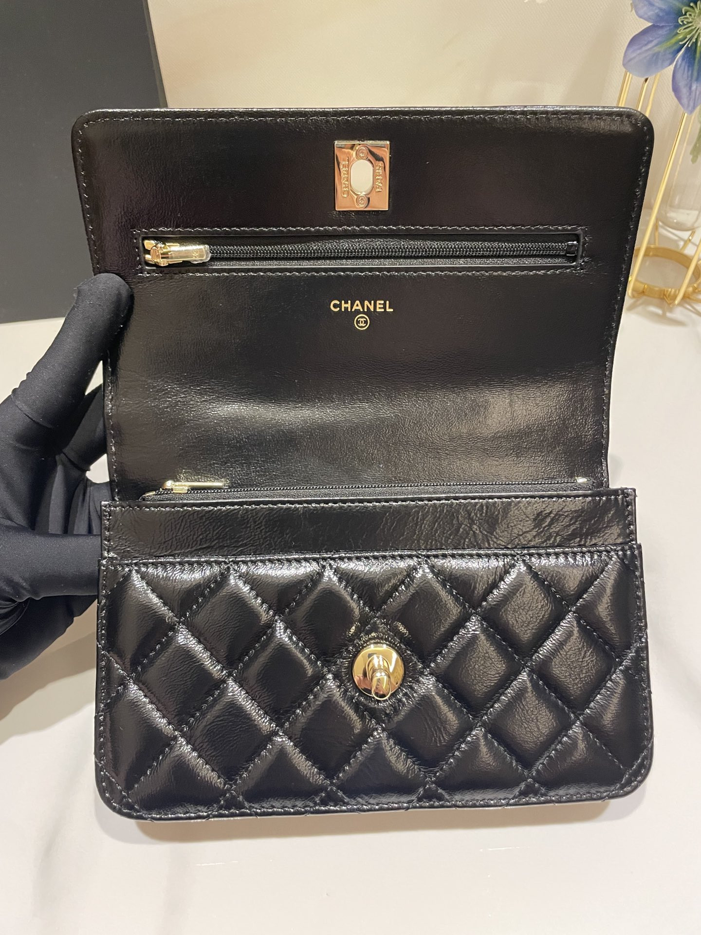 CHANEL CLASSIC WALLET ON CHAIN Rhinestone Handle BLACK 4.8 × 7.5 × 1.4