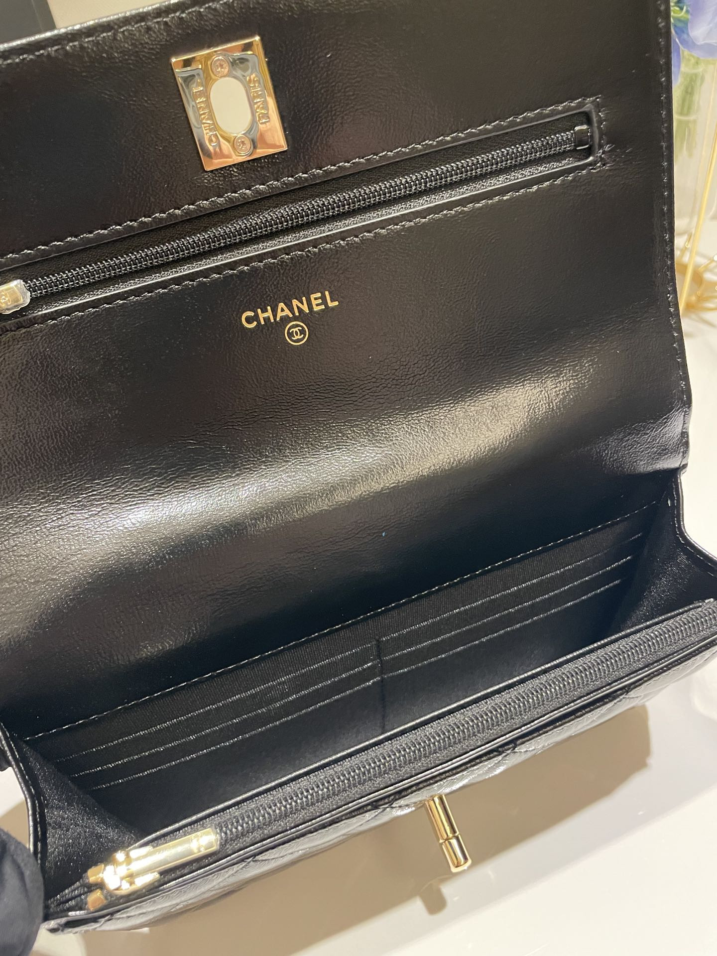 CHANEL CLASSIC WALLET ON CHAIN Rhinestone Handle BLACK 4.8 × 7.5 × 1.4