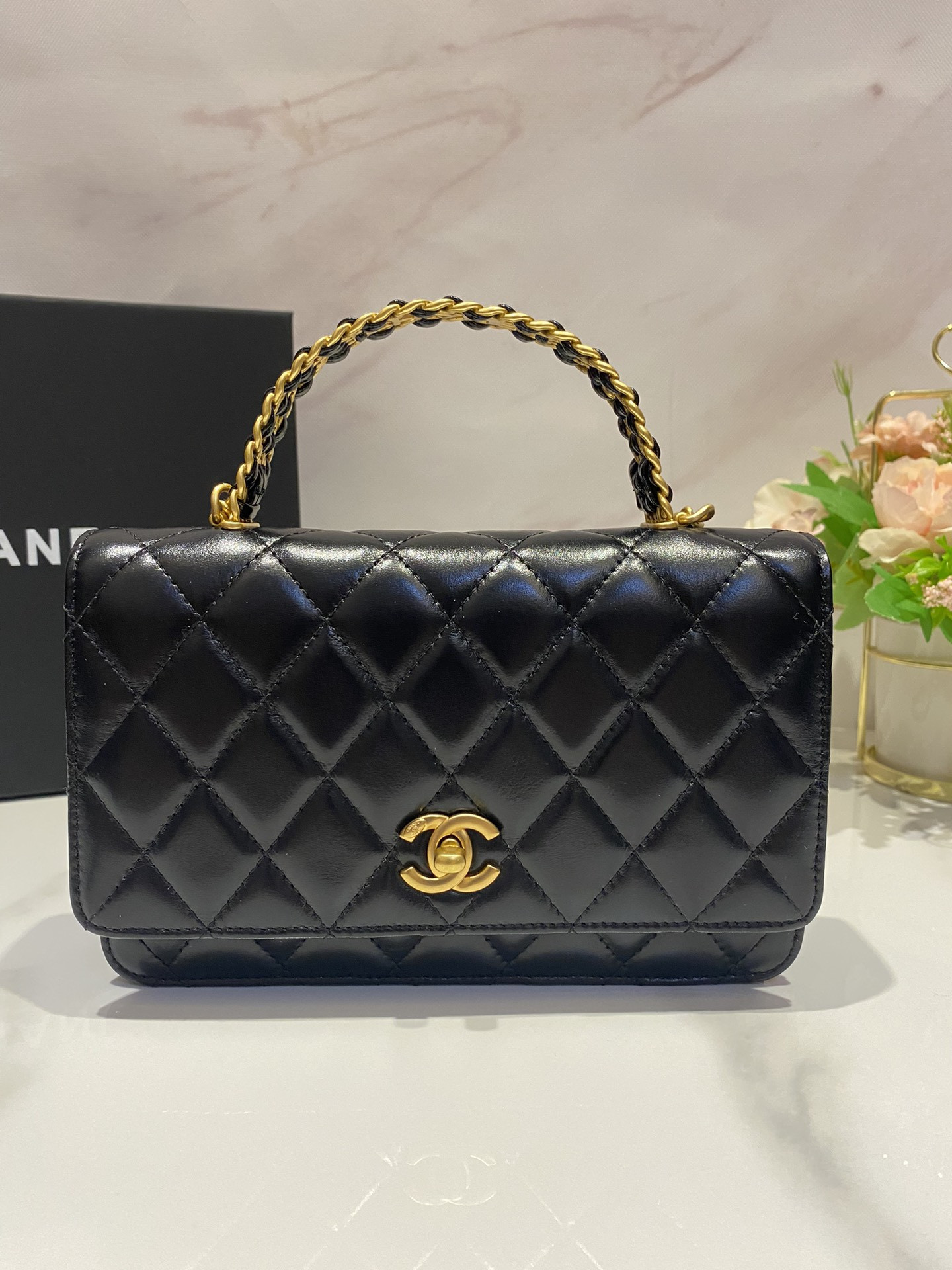 CHANEL CLASSIC WALLET ON CHAIN Rhinestone Handle BLACK 4.8 × 7.5 × 1.4 in