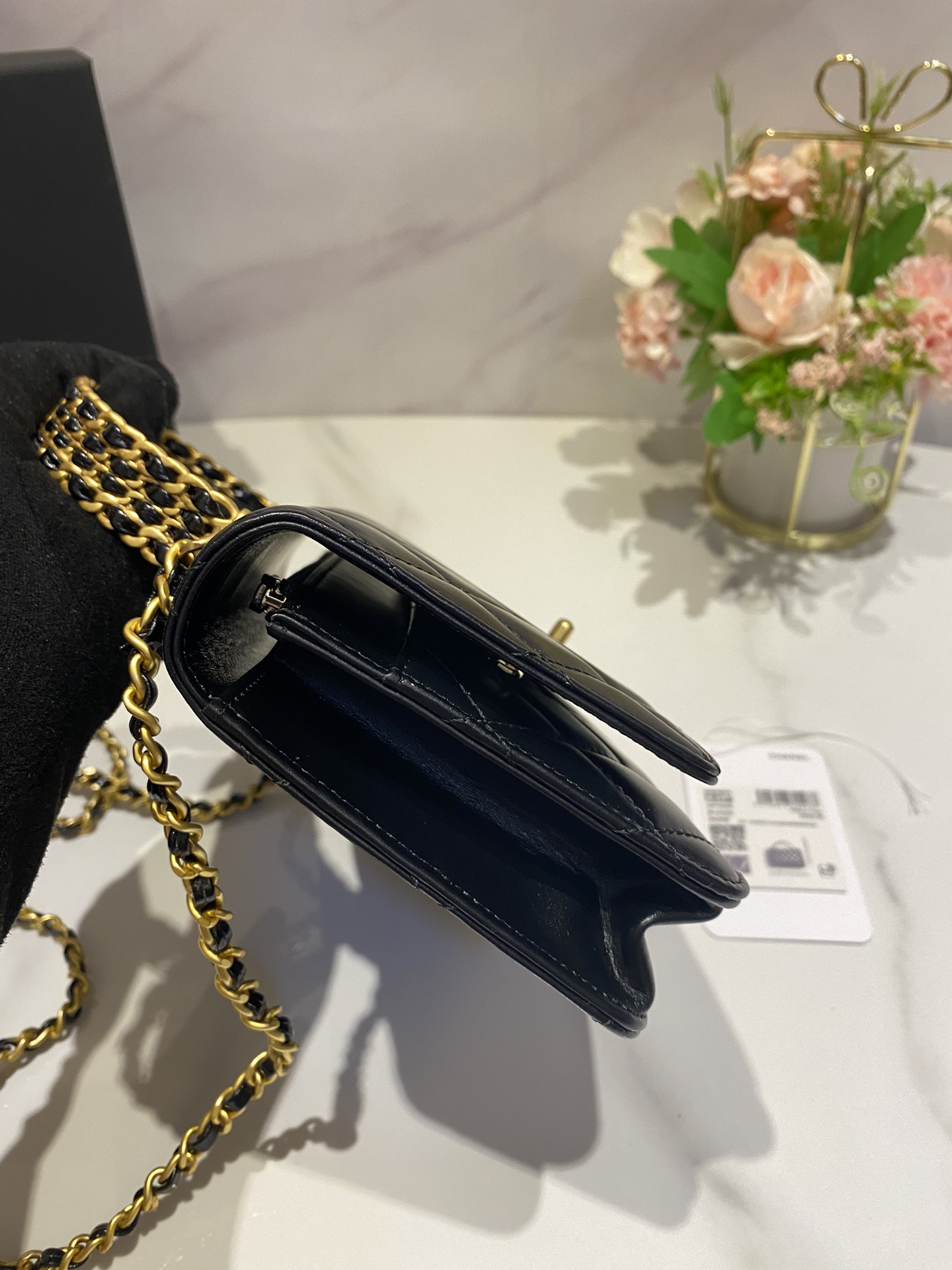 CHANEL CLASSIC WALLET ON CHAIN Rhinestone Handle BLACK 4.8 × 7.5 × 1.4 in