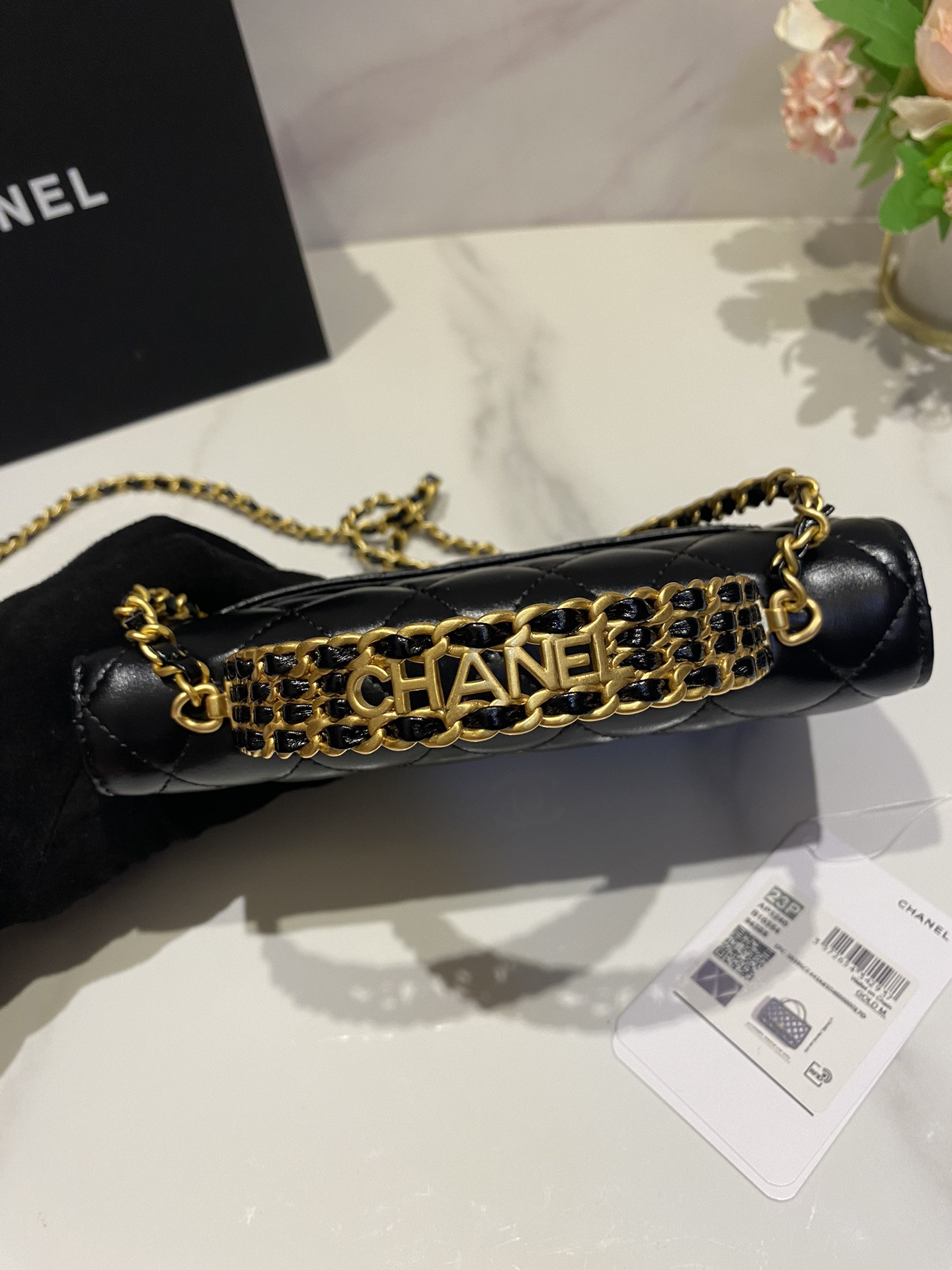 CHANEL CLASSIC WALLET ON CHAIN Rhinestone Handle BLACK 4.8 × 7.5 × 1.4 in