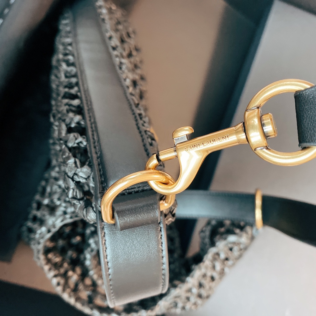 YSL OXALIS BAG IN RAFFIA MACRAMÉ BLACK 14.6X 5.7X1.2INCHES