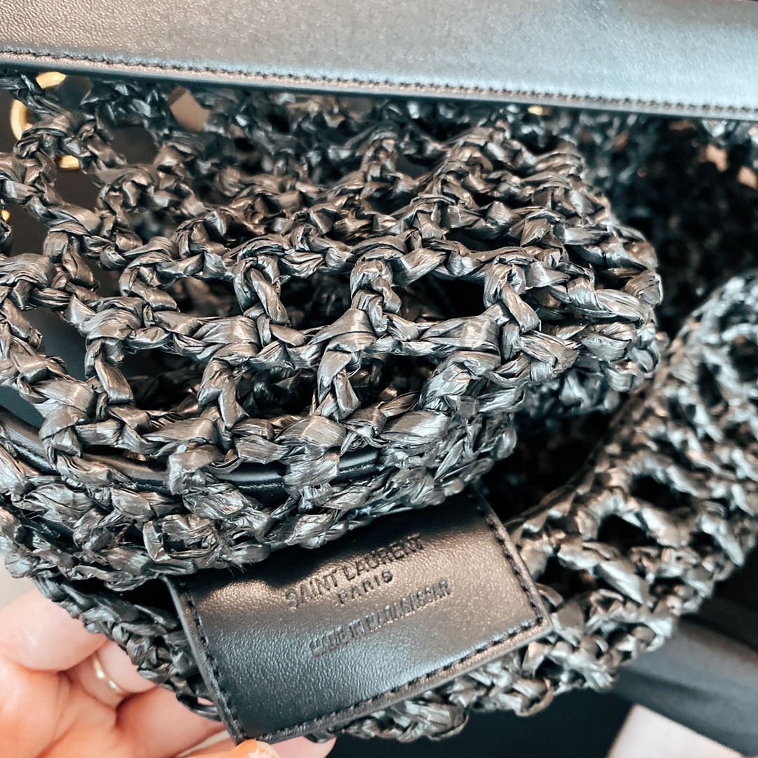 YSL OXALIS BAG IN RAFFIA MACRAMÉ BLACK 14.6X 5.7X1.2INCHES
