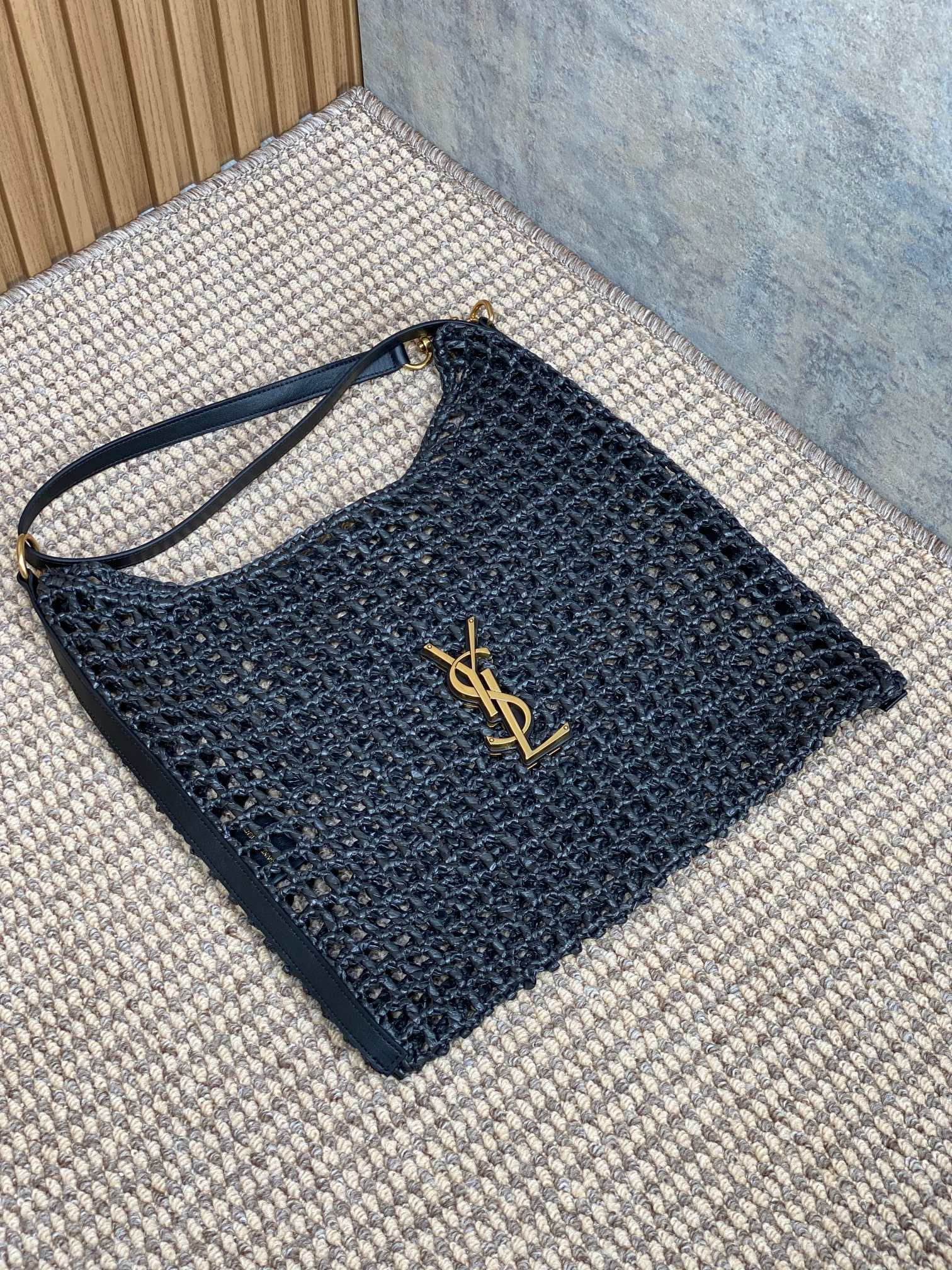 YSL OXALIS BAG IN RAFFIA MACRAMÉ BLACK 14.6X 5.7X1.2INCHES
