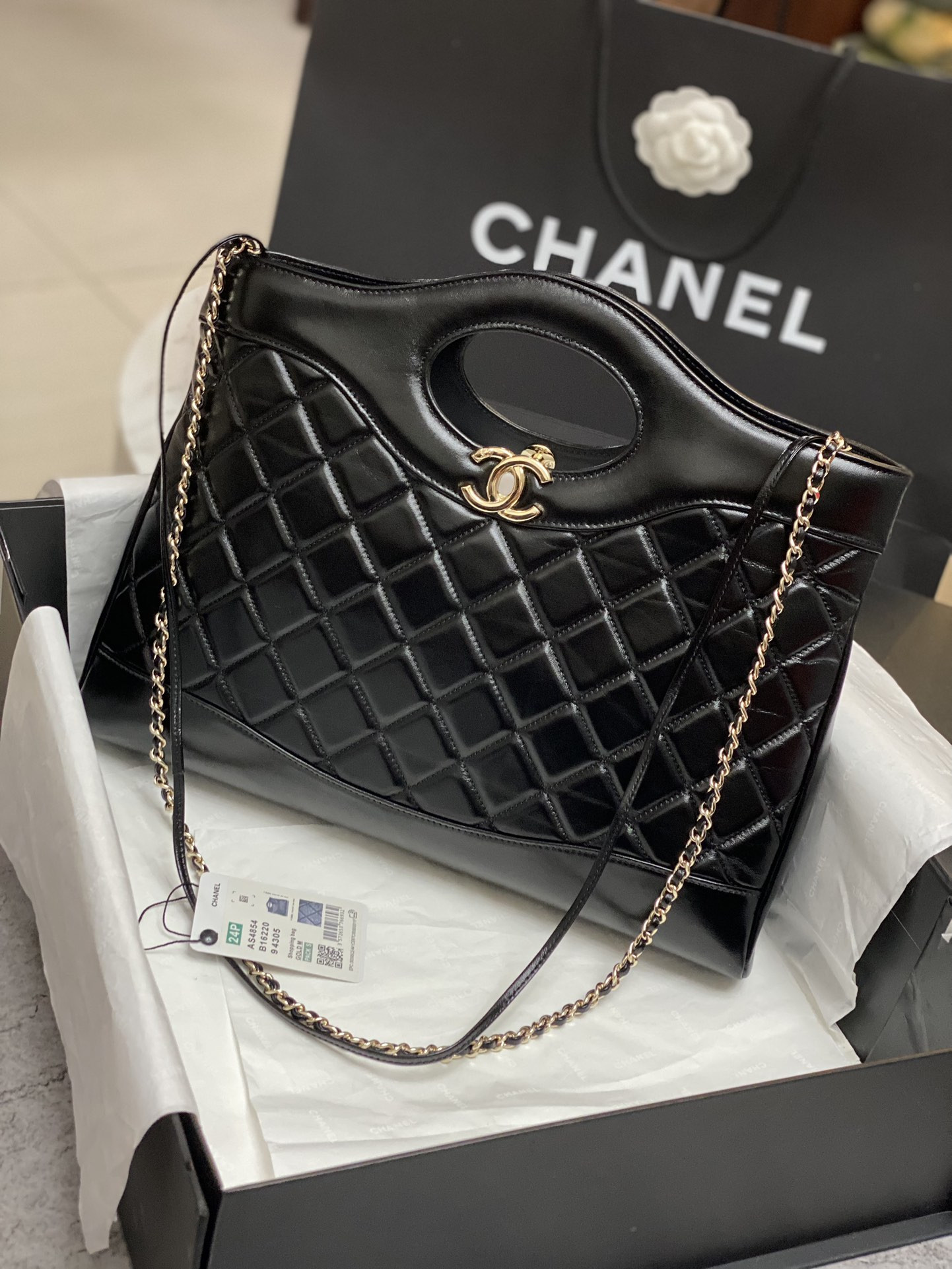 CHANEL  SHOPPING BAG Shiny Lambskin & Gold-Tone Metal Black 35x39x8cm