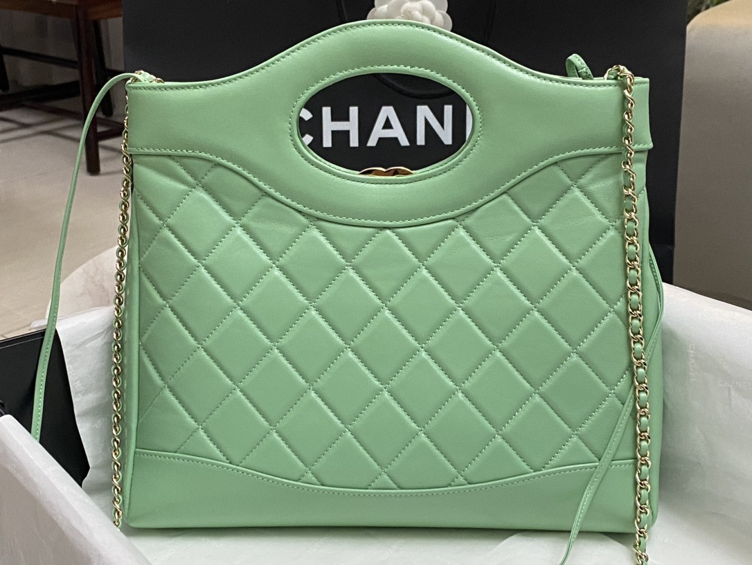 CHANEL SHOPPING BAG Shiny Lambskin & Gold-Tone Metal Light green 11.7 × 11.3 × 3.5 in