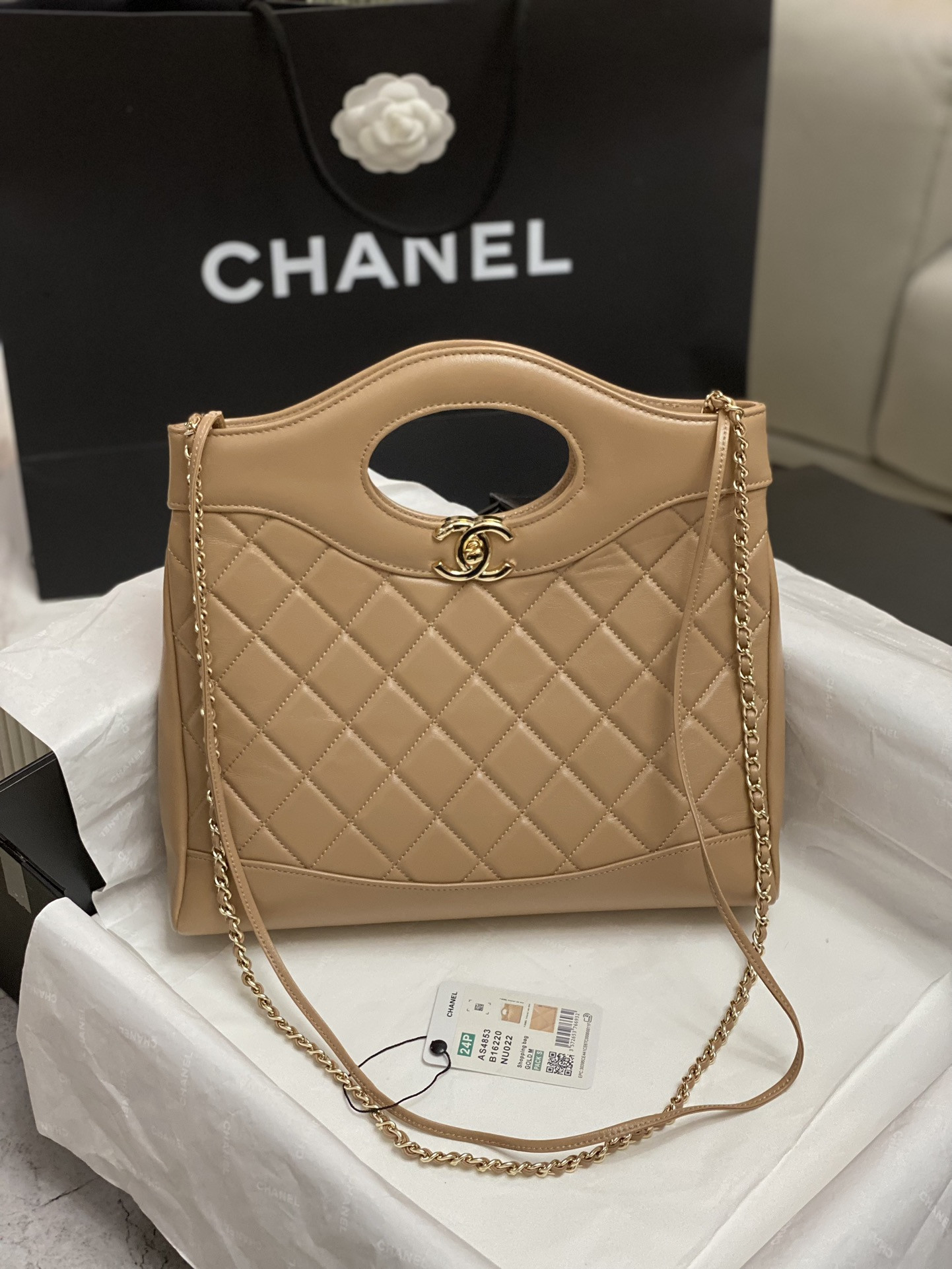 CHANEL SHOPPING BAG Shiny Lambskin & Gold-Tone Metal 11.7 × 11.3 × 3.5 in