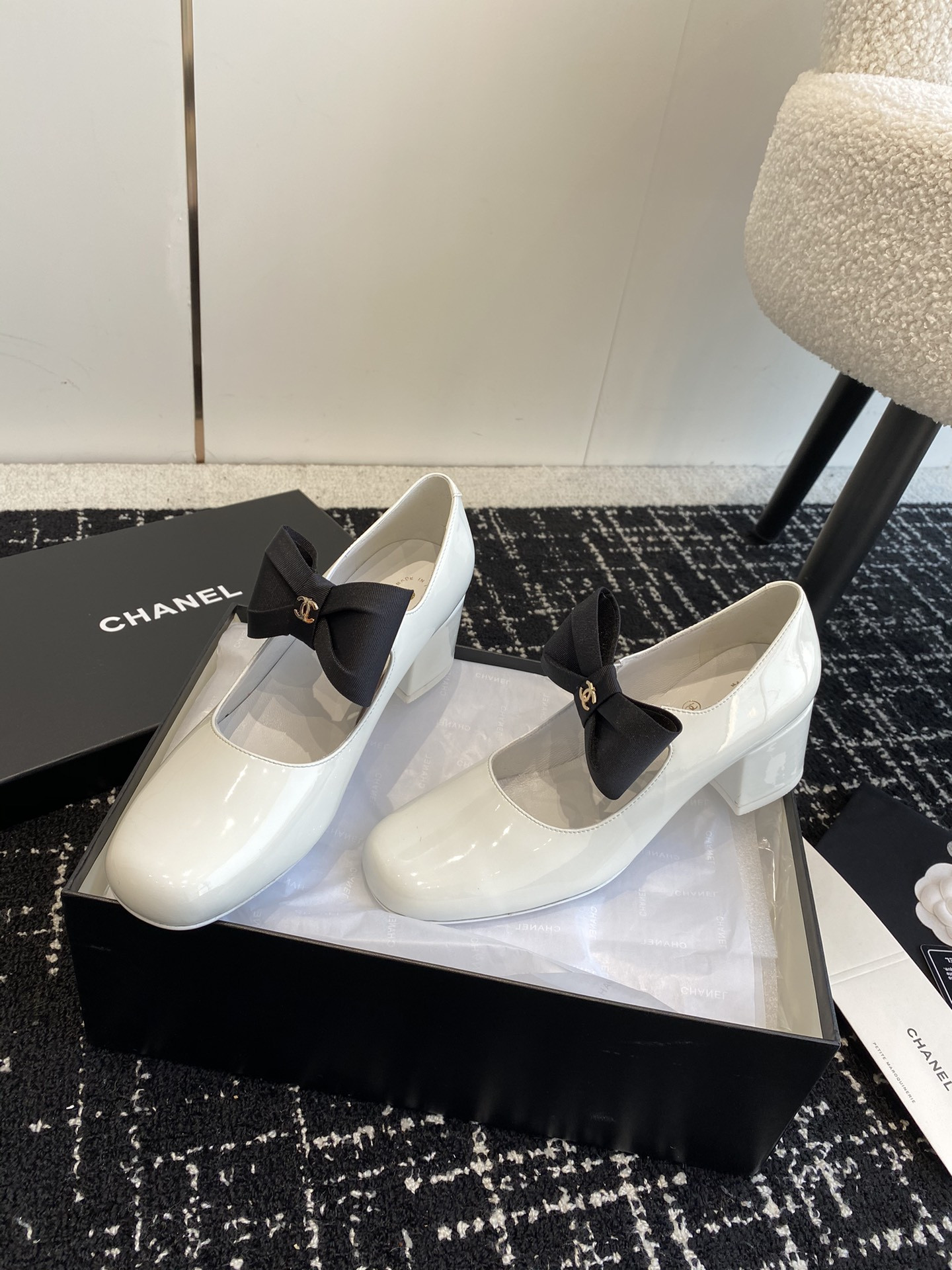 UA CHANEL MARY JANES Patent Calfskin & Grosgrain