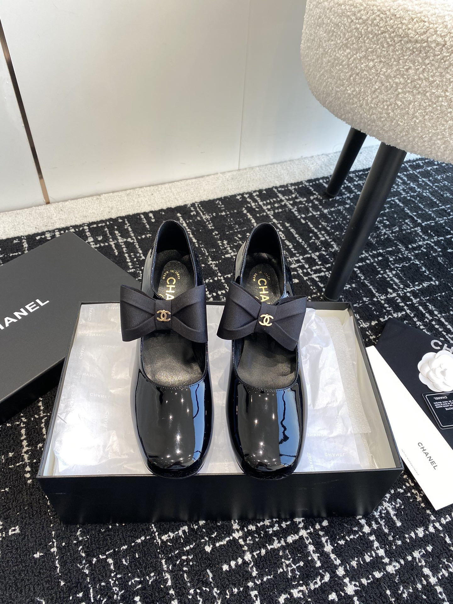 UA CHANEL MARY JANES Patent Calfskin & Grosgrain