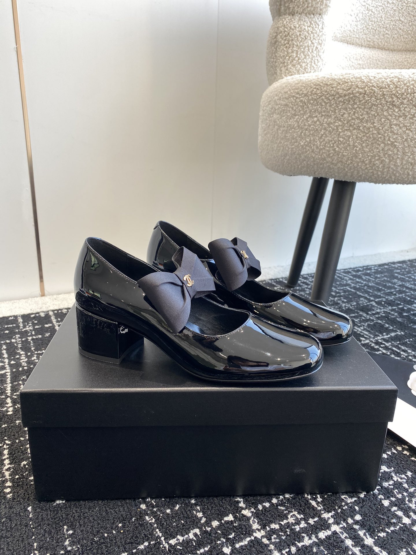 UA CHANEL MARY JANES Patent Calfskin & Grosgrain