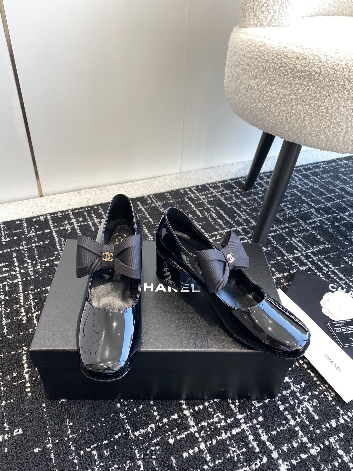 UA CHANEL MARY JANES Patent Calfskin & Grosgrain