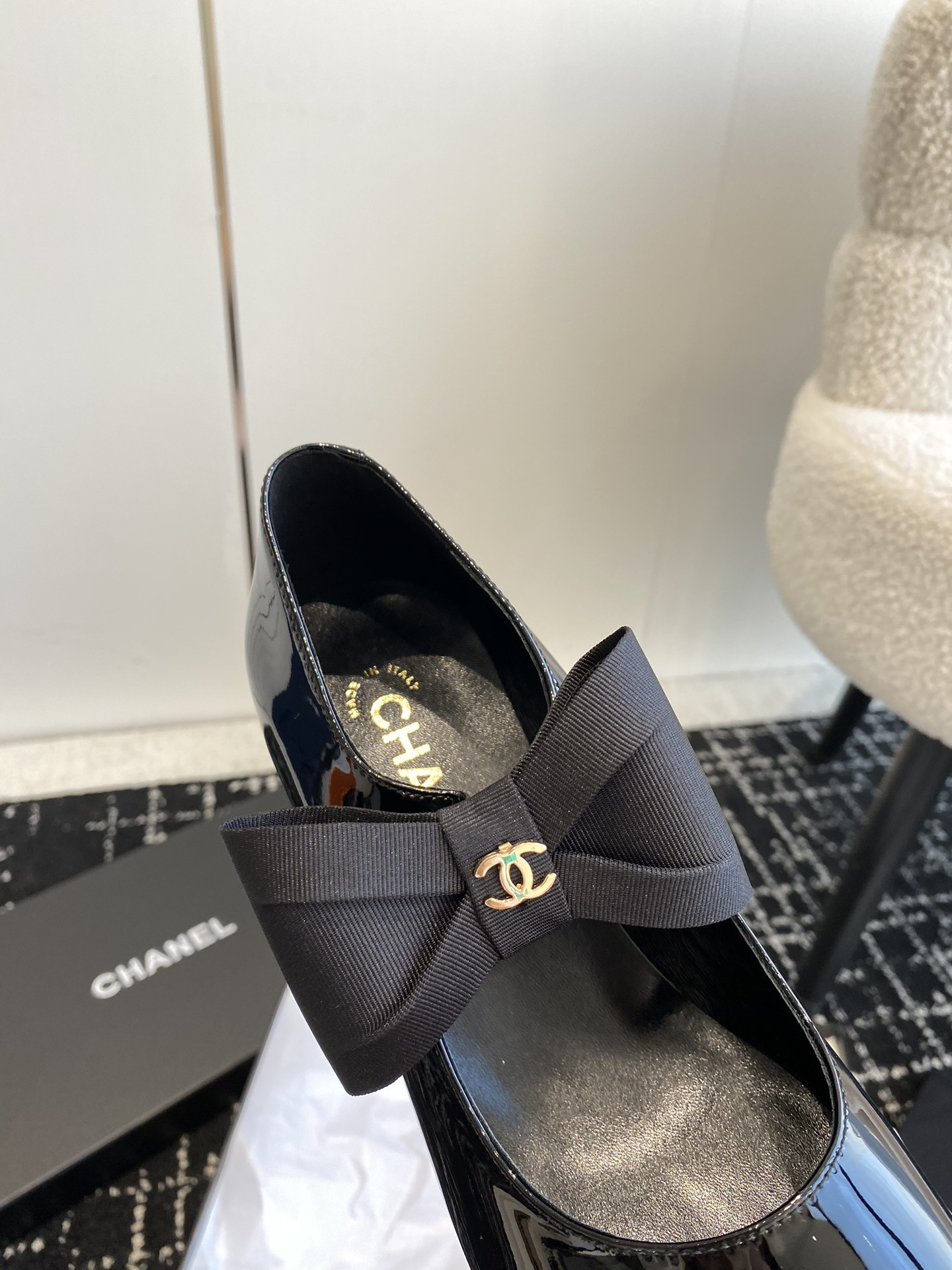 UA CHANEL MARY JANES Patent Calfskin & Grosgrain
