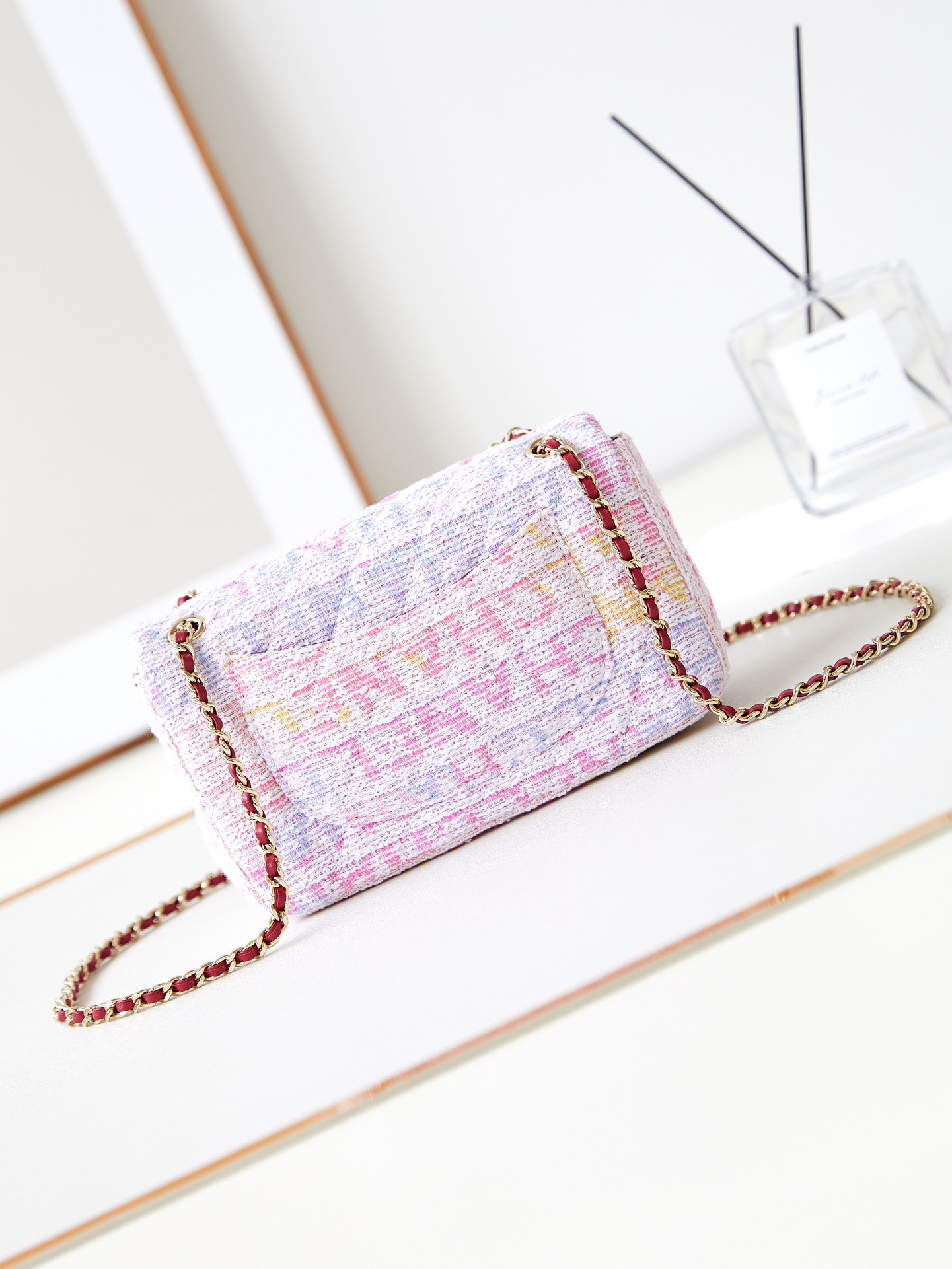 Chanel Quilted Pink Multicolor Tweed Mini Rectangular Flap Bag 20×10×7cm