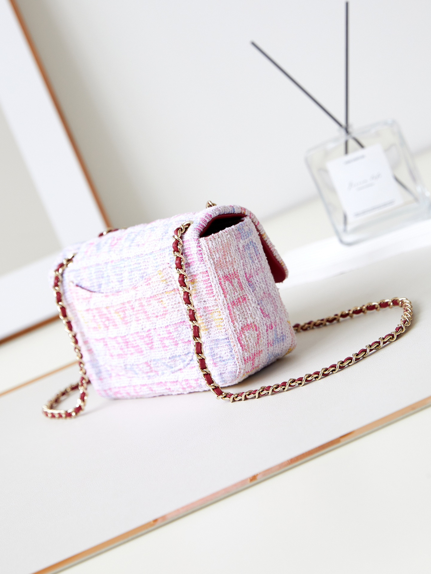 Chanel Quilted Pink Multicolor Tweed Mini Rectangular Flap Bag 20×10×7cm