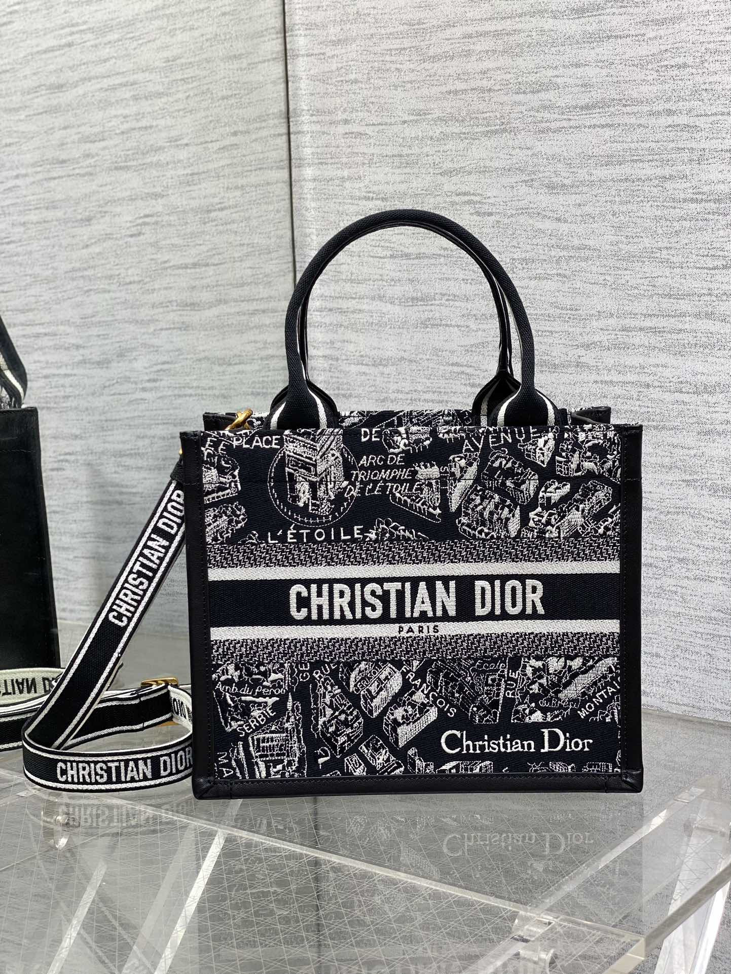 Dior Small Dior Book Tote White and Black Plan de Paris Embroidery and Black Calfskin 26.5 x 21 x 14 cm