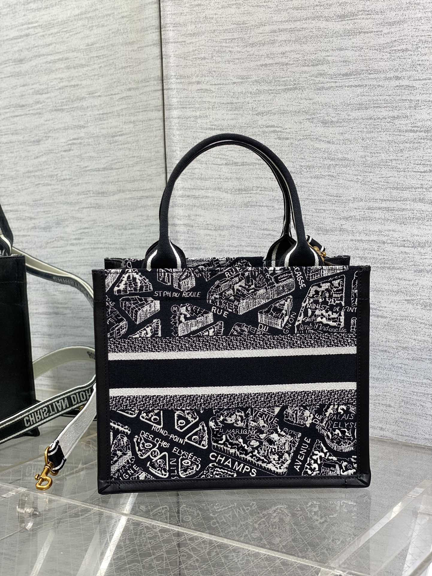 Dior Small Dior Book Tote White and Black Plan de Paris Embroidery and Black Calfskin 26.5 x 21 x 14 cm
