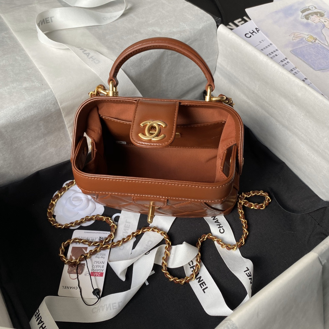 CHANEL MINI BAG WITH TOP HANDLE Shiny Lambskin & Gold-Tone Metal Brown 12 × 18 × 7 cm